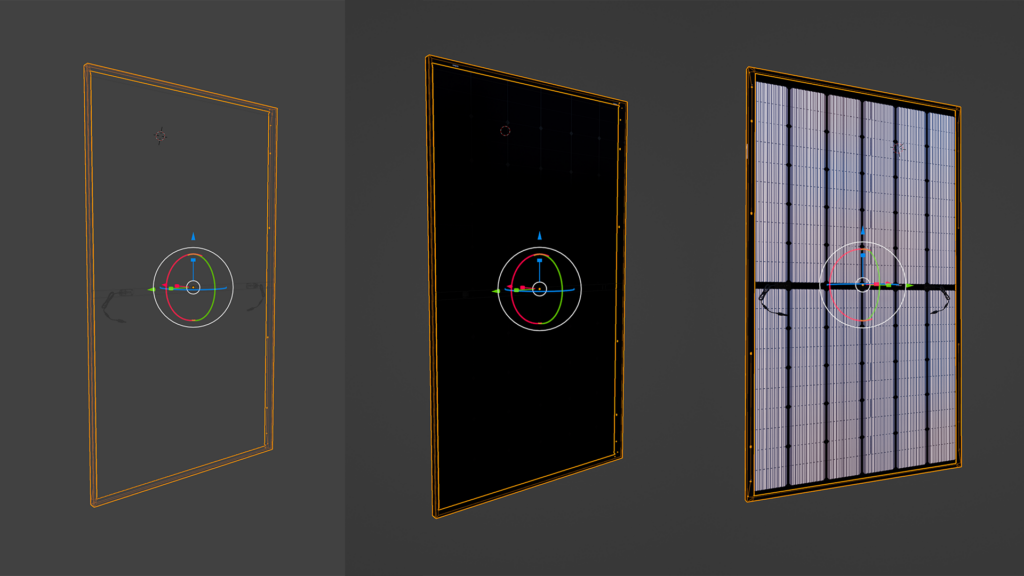 Proces in Blender van de wireframe tot de texturing op de voorkant en achterkant in 3D