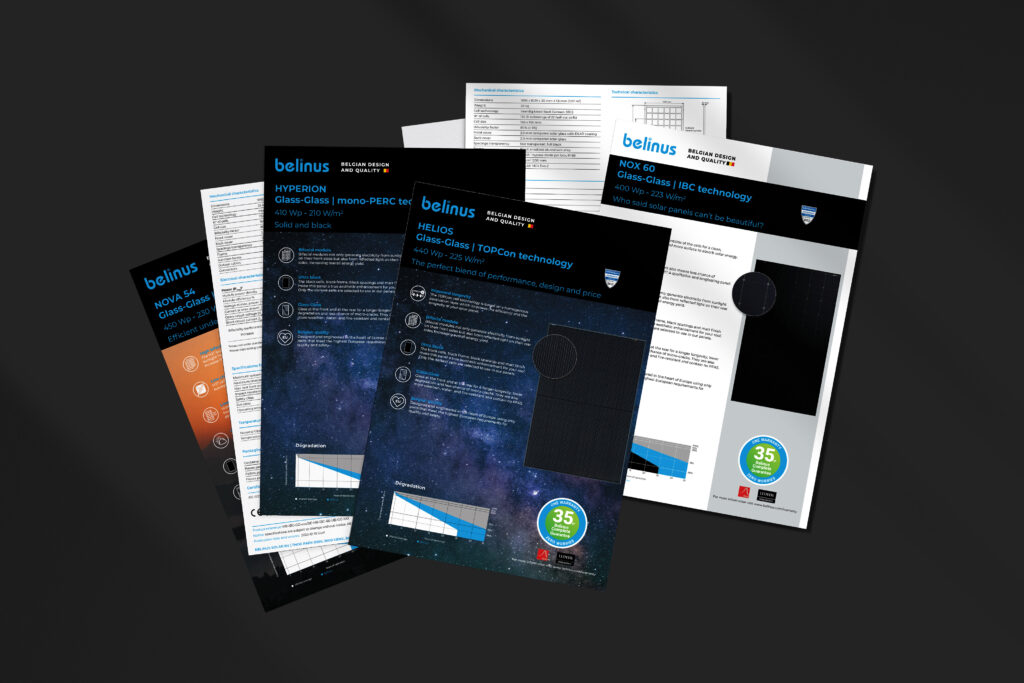 Spreads datasheets van Belinus zonnepanelen- Helios - NOX60 opgemaakt in Nederlands en Engels
