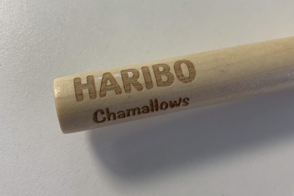 Haribo Chamallows prikker hout gebrande personalisering