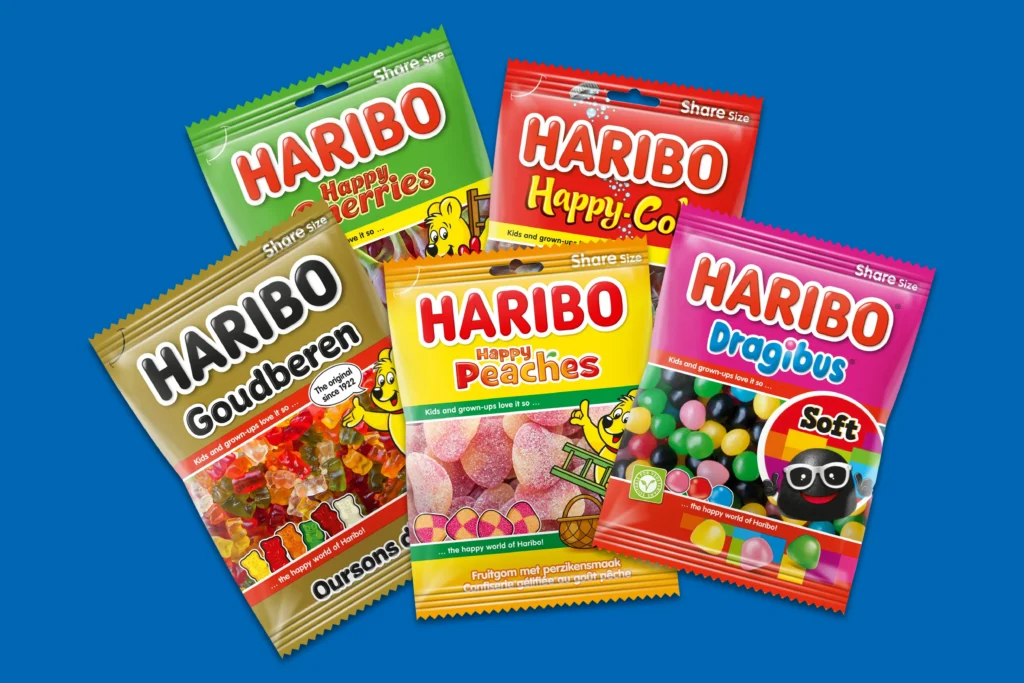 Verzameling van Haribo snoepverpakkingen