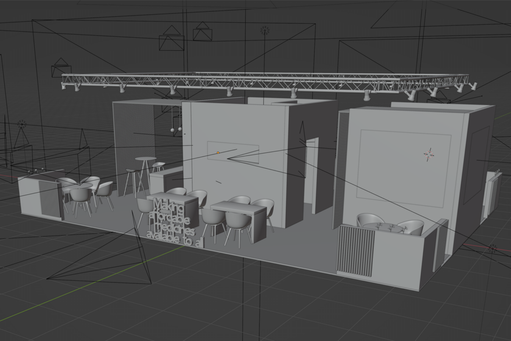 3D design van de A-forall beursstand in de conceptfase.